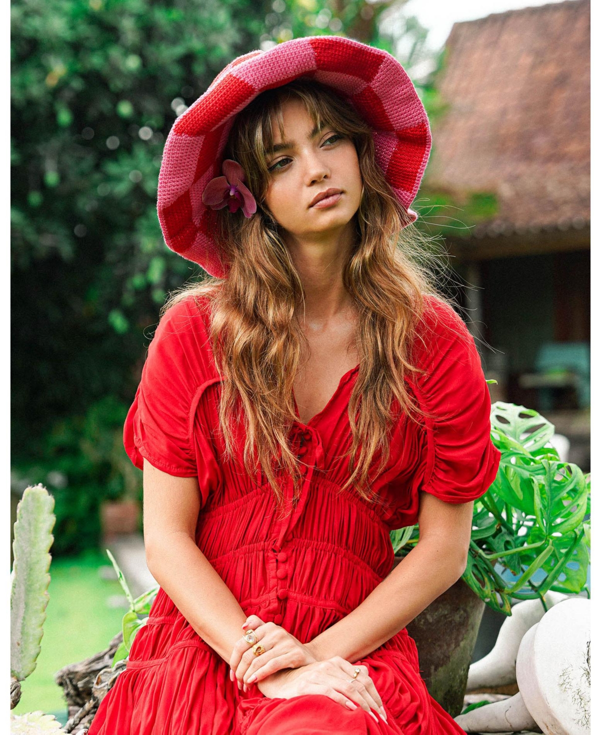 Brunna.co Shilo Checkered Crochet Hat In Red & Pink