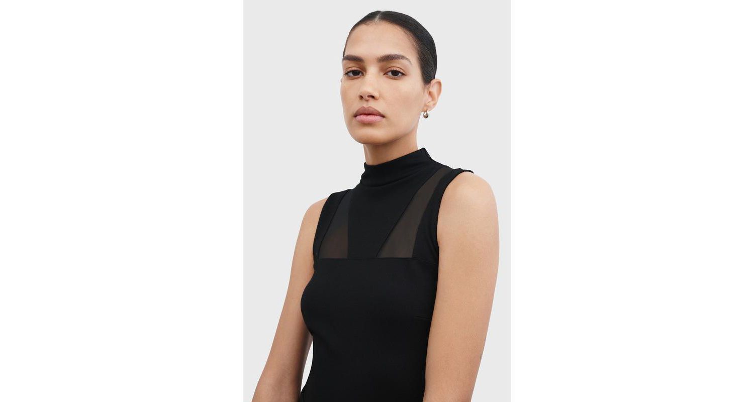 Women's Amelia Mesh-Cutout High-Neck Back-Slit Fitted Evening Midi Dress