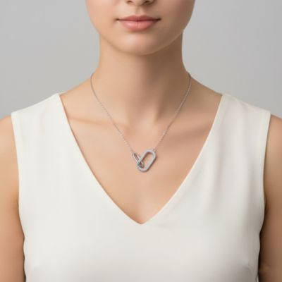 Sterling Silver with Clear Cubic Zirconia Interlocking Links Necklace in White Gold Plated or 14K Gold Plated