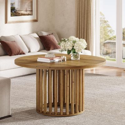 Solid Wood Round Coffee Table, 31.5-Inch Farmhouse Wooden Circle Center Cocktail Tea Table