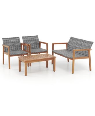 4 Pieces Outdoor Furniture Set Acacia Wood Frame Sofa Set w/ Rattan Seat