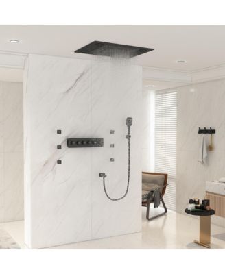5-Function Luxury Thermostatic Shower System with Body Jets, LED Lights, Rainfall Shower Head, and Handheld Spray, Brushed Gold