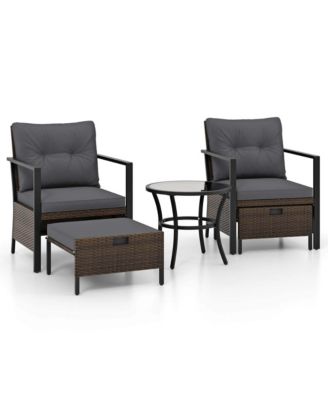 Set of 5 Furniture Set Rattan Chairs & Ottomans w/ Glass Topped Coffee Table Patio