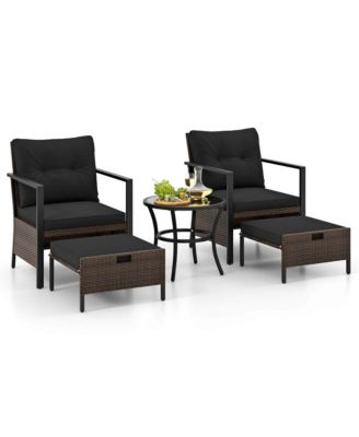 Set of 5 Furniture Set Rattan Chairs & Ottomans with Glass Topped Coffee Table Patio