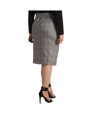Plus Size Glen Plaid Suiting Button Front Paper Bag Waist Belted Skirt