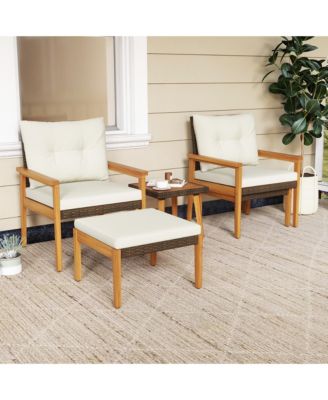 5 Piece Rattan Furniture Set Wood Frame Chairs & Ottomans w/ Square Coffee Table