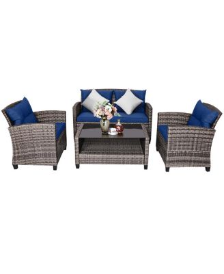 4PCS Rattan Furniture Set Coffee Table Cushioned Sofa Garden Lawn Patio