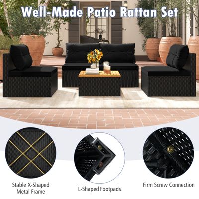 5 Piece Outdoor Furniture Set w/ Seat & Back Cushions Acacia Wood Tabletop