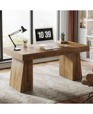 55 Inches Executive Desk, Mid-Century Modern Home Office Desk with Double Trapezoid Base, Wood Computer Desk Business Workstation Desk