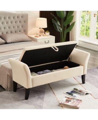 Velvet Storage Bench with Curved Arms, Upholstered Tufted Ottoman