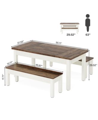 55-Inch 3-Piece Dining Table Set with 2 Benches, Rectangular Wood Table for Kitchen or Dining Room, Seats 4–6