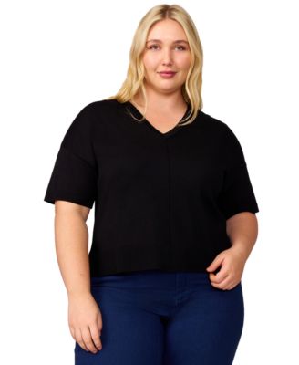 Melissa Paige - Plus Size Seamed V-Neck High-Low Sweater