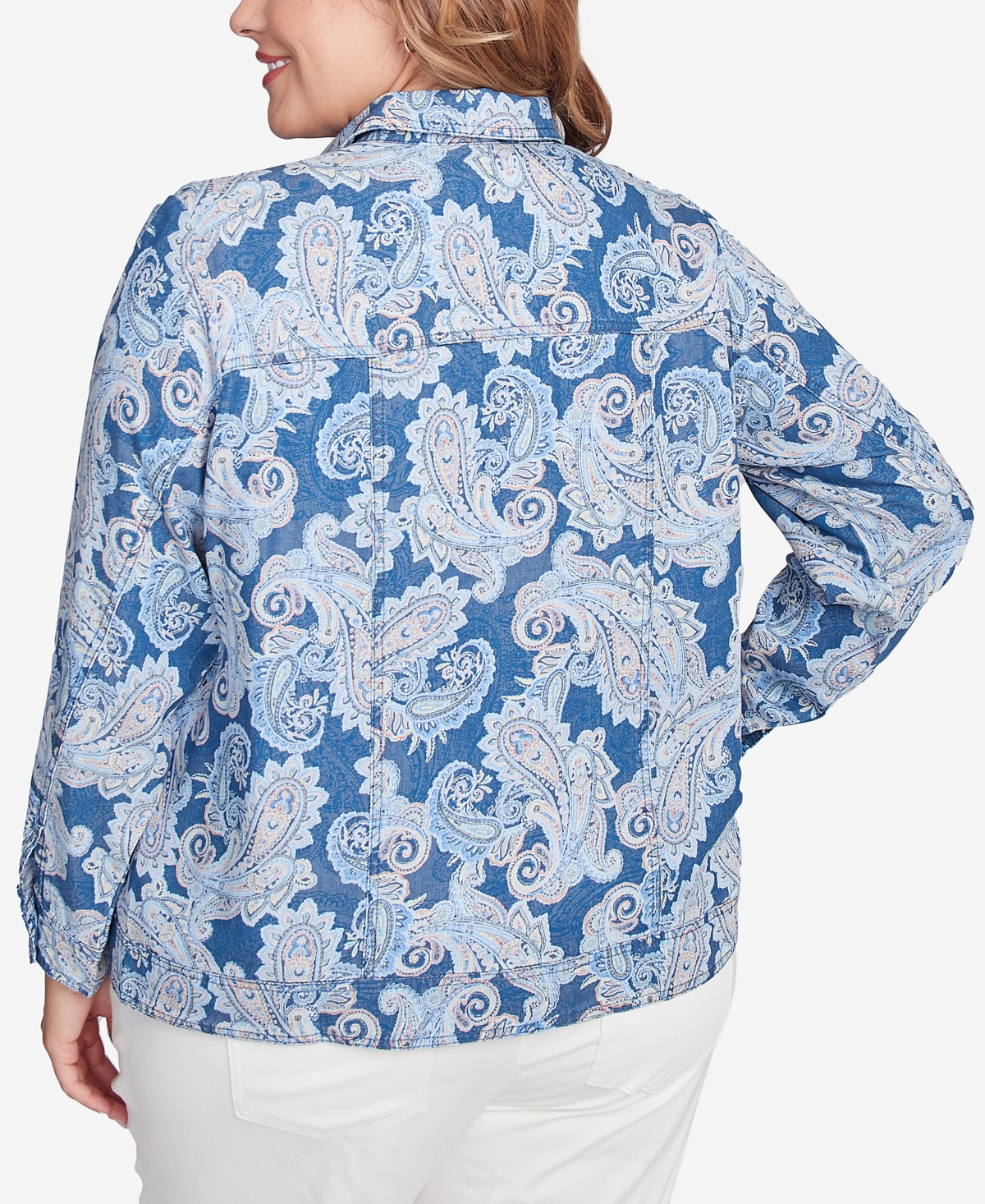 Ruby Rd. Petite Baroque Paisley Soft Button Long Sleeve Jacket In Dark Chambray Multi
