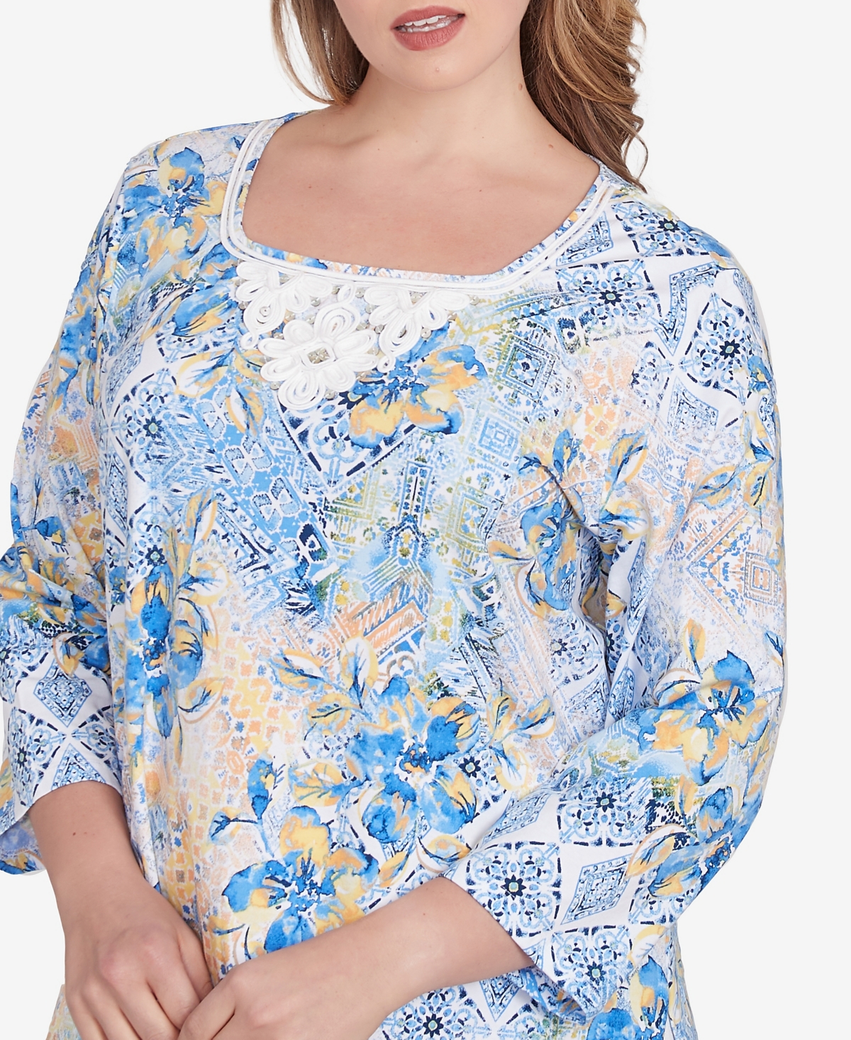 Ruby Rd. Plus Size Watercolor Floral Patchwork 3/4 Sleeve Top In Blue