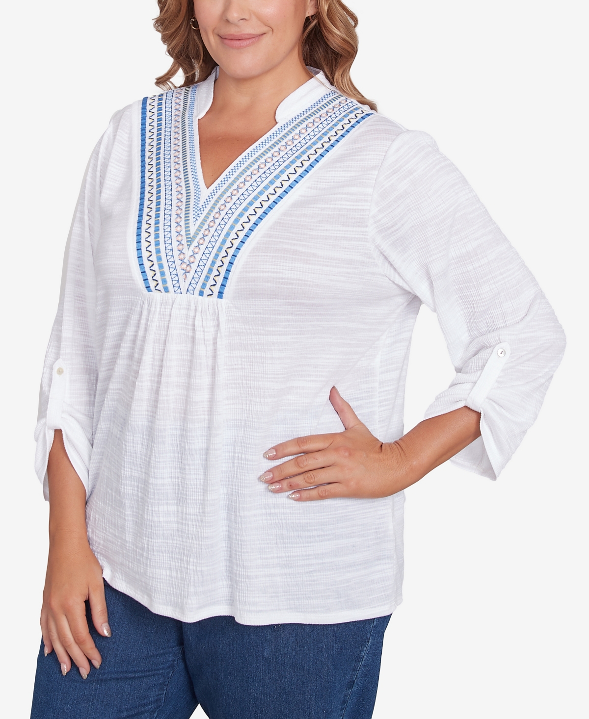 Ruby Rd. Plus Size Soft Relaxed Textured V-neck Trim Top In White