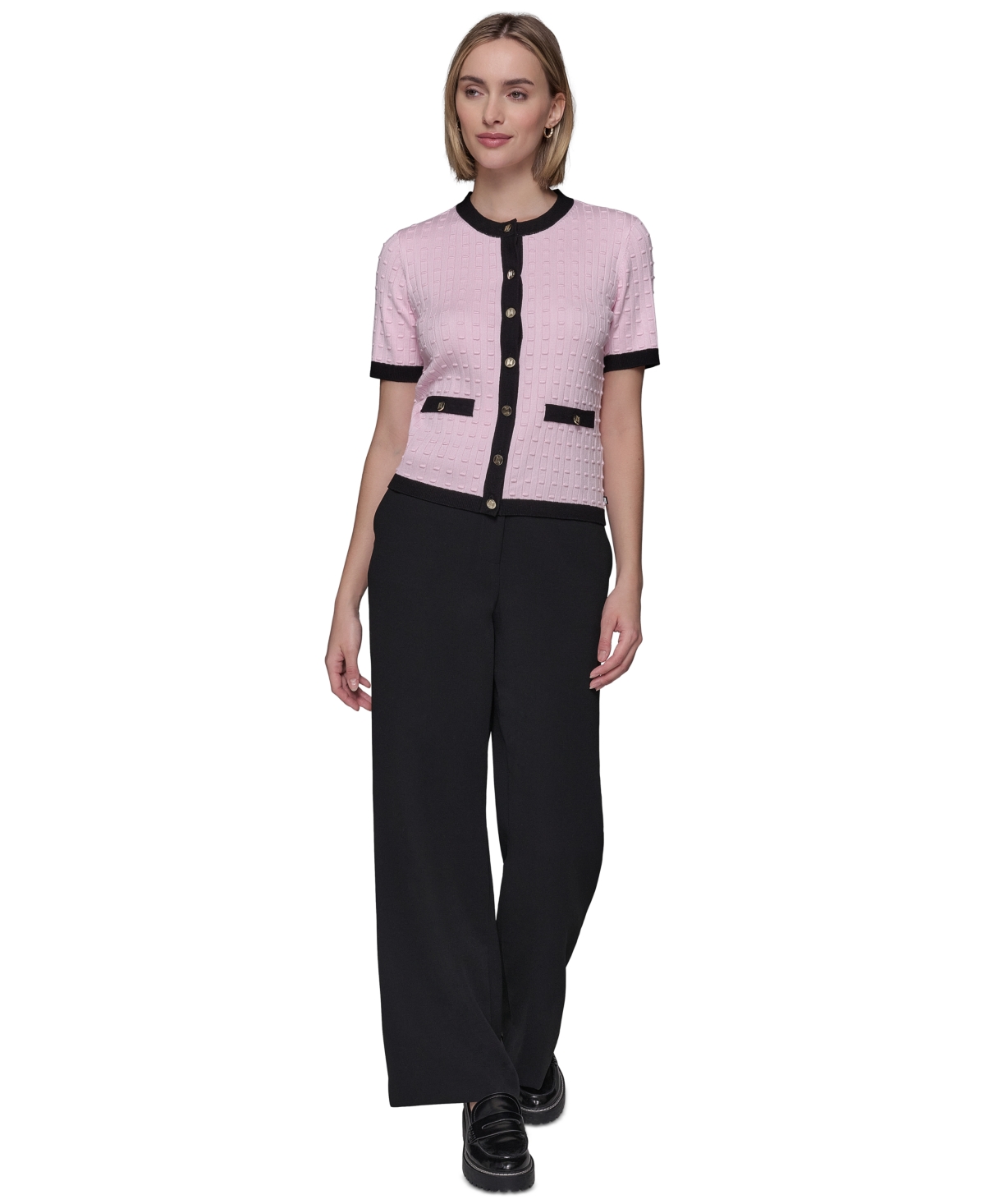 KARL LAGERFELD PETITE SHORT-SLEEVE TWO-POCKET CARDIGAN SWEATER 