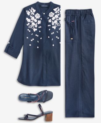 Tommy Hilfiger Womens Floral Puff Print Tunic Wide Leg Pants In Sky Captain