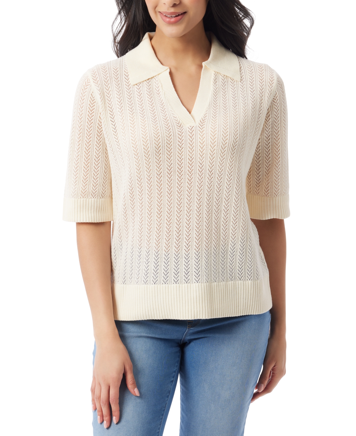 Gloria Vanderbilt Women's Peggy Pointelle-knit Polo Sweater In Vintage White