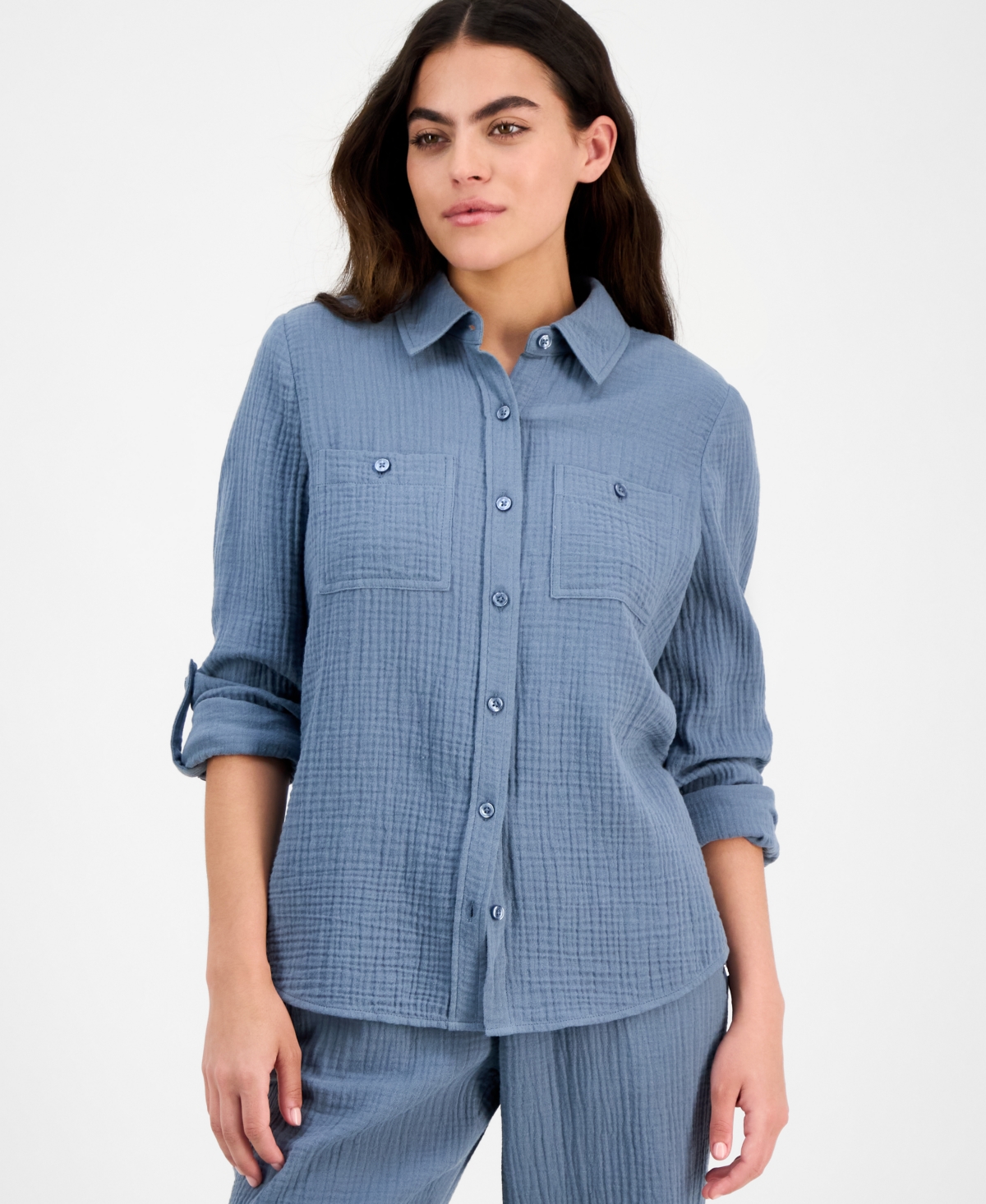 Petite Cotton Roll-Tab Shirt - Blue Fog