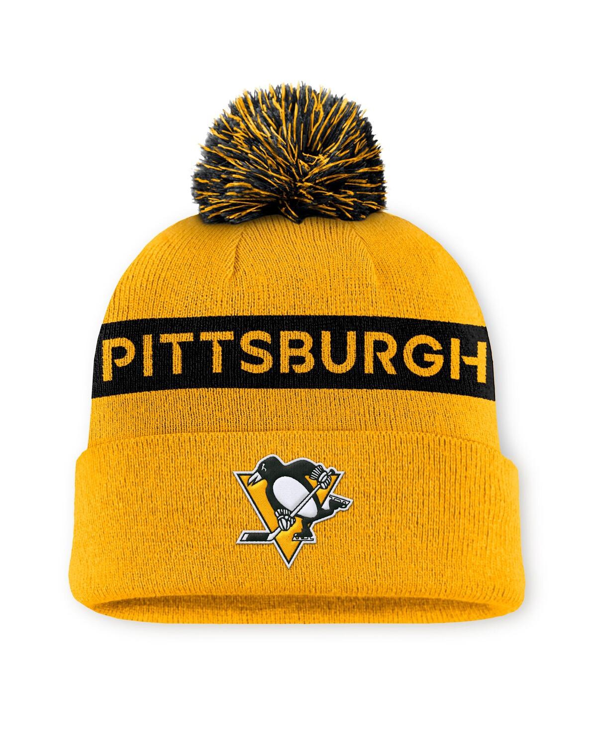 Fanatics Women's Gold/black Pittsburgh Penguins Authentic Pro Rink With Pom Cuffed Knit Hat In Gold,black