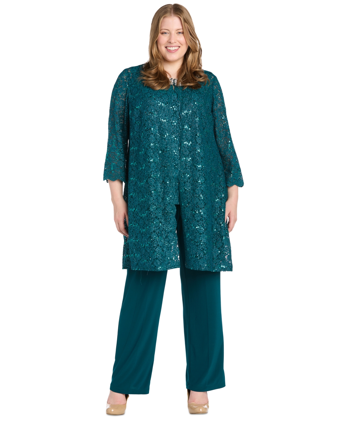 R & M Richards Plus Size 3-pc. Embellished Jacket, Tank & Pants Set In Green