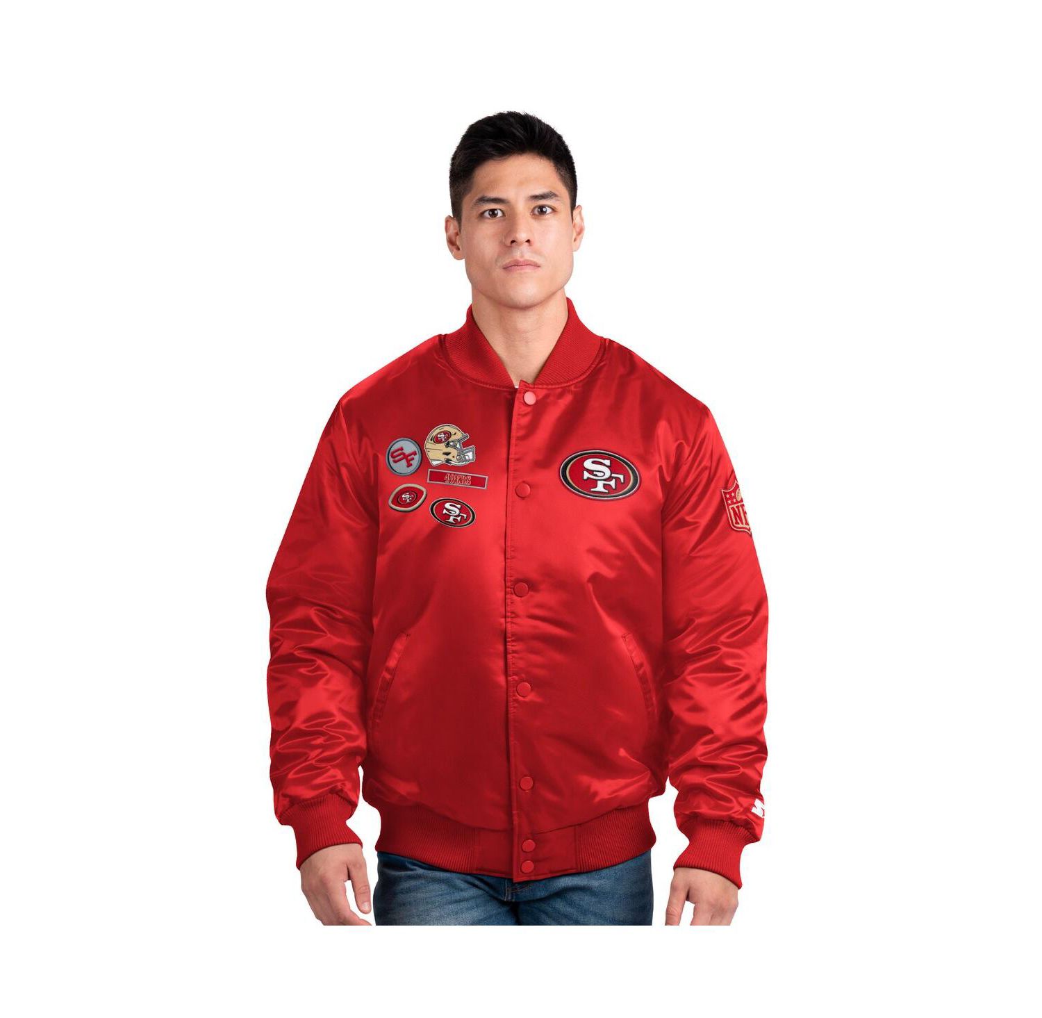 Men's Scarlet San Francisco 49ers Exclusive Satin Full-Snap Varsity Jacket