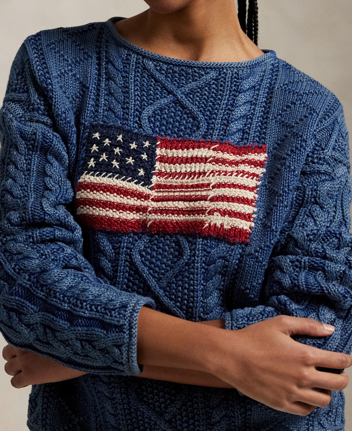 Shop Polo Ralph Lauren Women's Flag Aran-knit Cotton Sweater In Indigo,multi