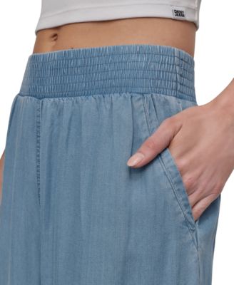 Petite Chambray Smocked-Waist Wide-Leg Ankle Pants