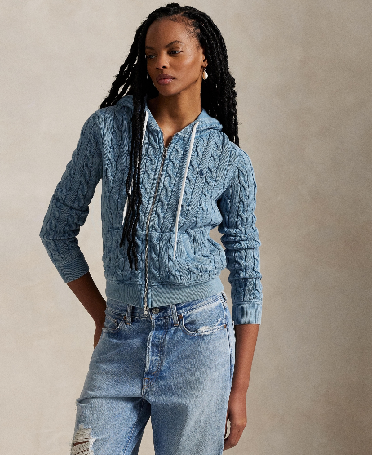 Shop Polo Ralph Lauren Women's Cable-knit Cotton Full-zip Hoodie Sweater In Chambray Indigo
