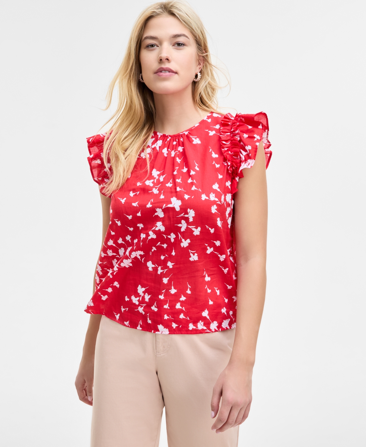 ON 34TH WOMEN'S RUFFLE SHORT-SLEEVE VOILE TOP, CREATED FOR MACY'S 