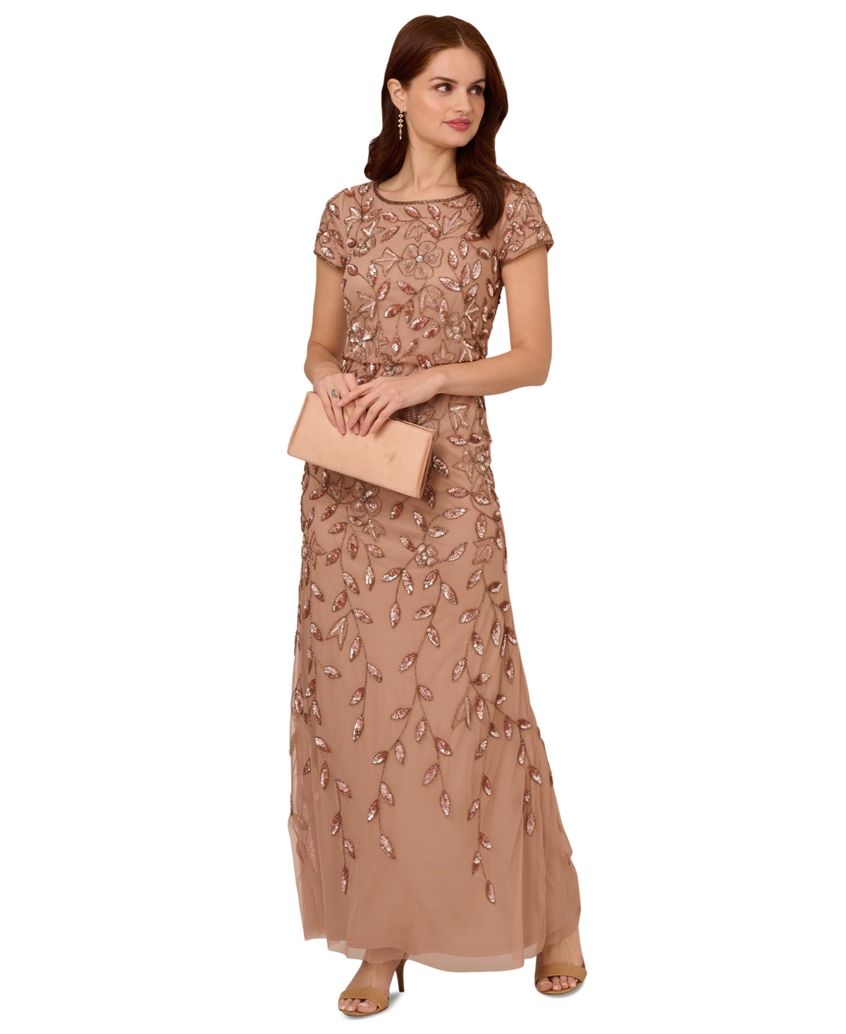 Shop Adrianna Papell Women's Boat-neck Blouson Beaded Gown In Rose Gold