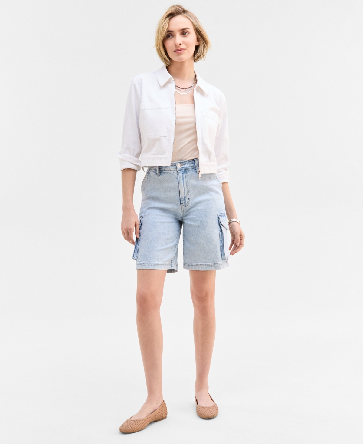 Women's High Rise Cargo Bermuda Jean Shorts, Exclusively at Macy's - Tinted Dark