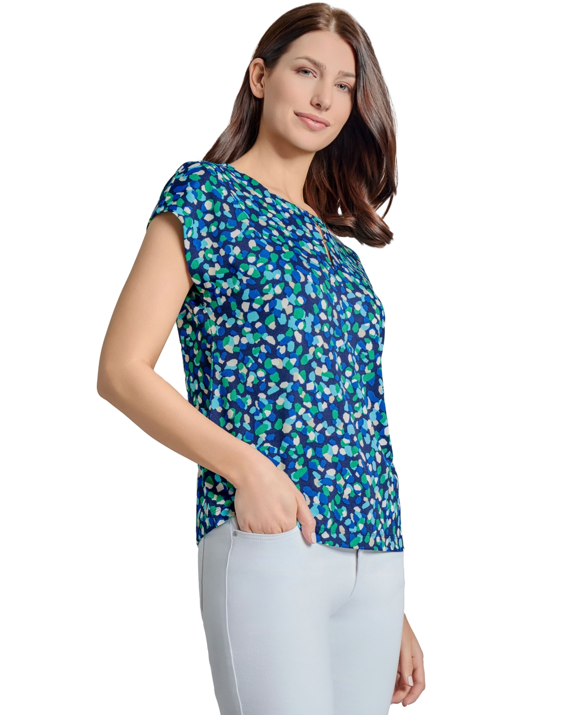 Jones New York Dot Print Keyhole Crepe Top In Pacific Navy Multi