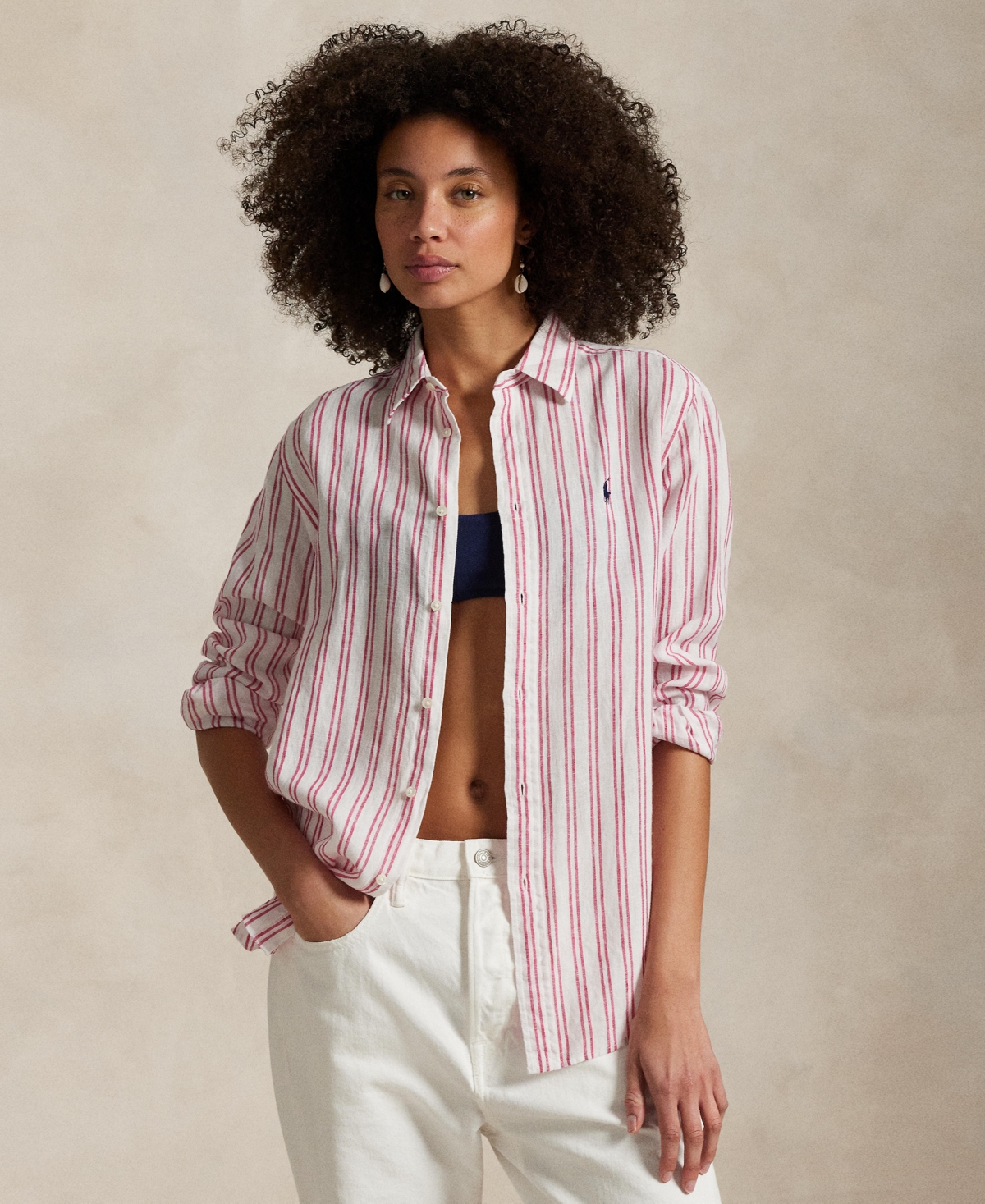 Polo Ralph Lauren Relaxed Fit Striped Linen Shirt Woman Shirt Beige Size Xl Linen In White,red
