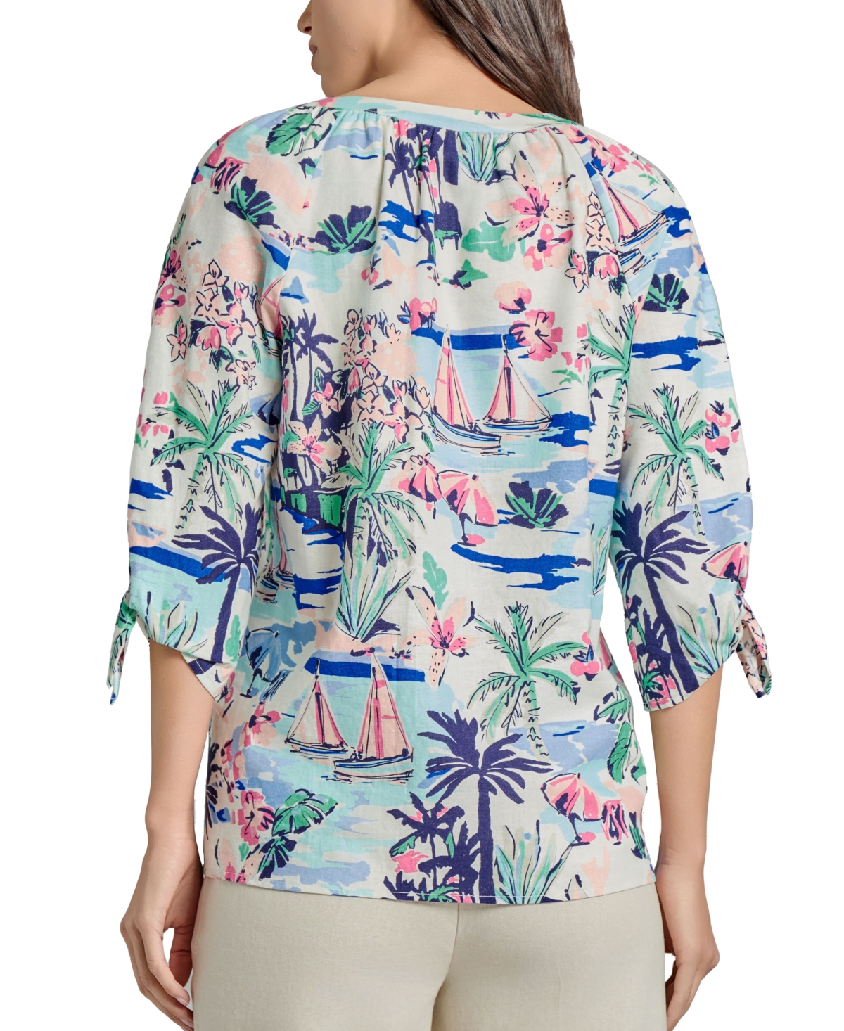 Jones New York Beach Print Tie Sleeve Linen Blend Top In Blue