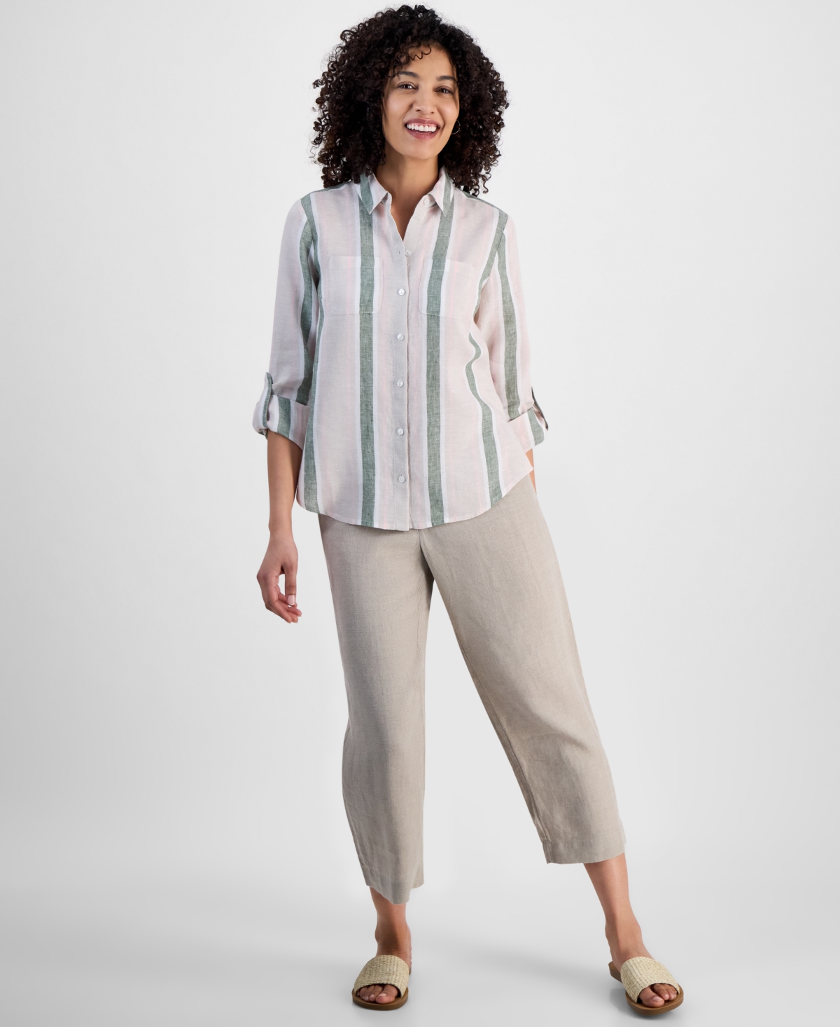 CHARTER CLUB PETITE 100% LINEN STRIPED SHIRT, EXCLUSIVELY AT MACY'S 