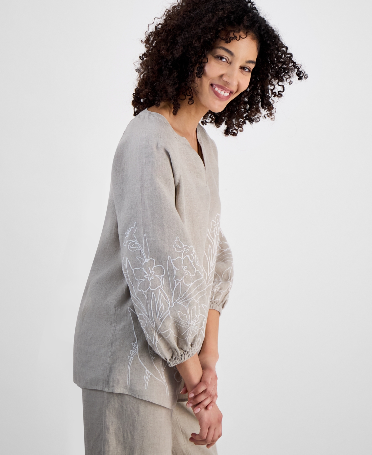 CHARTER CLUB PETITE 100% LINEN EMBROIDERED TOP, EXCLUSIVELY AT MACY'S 