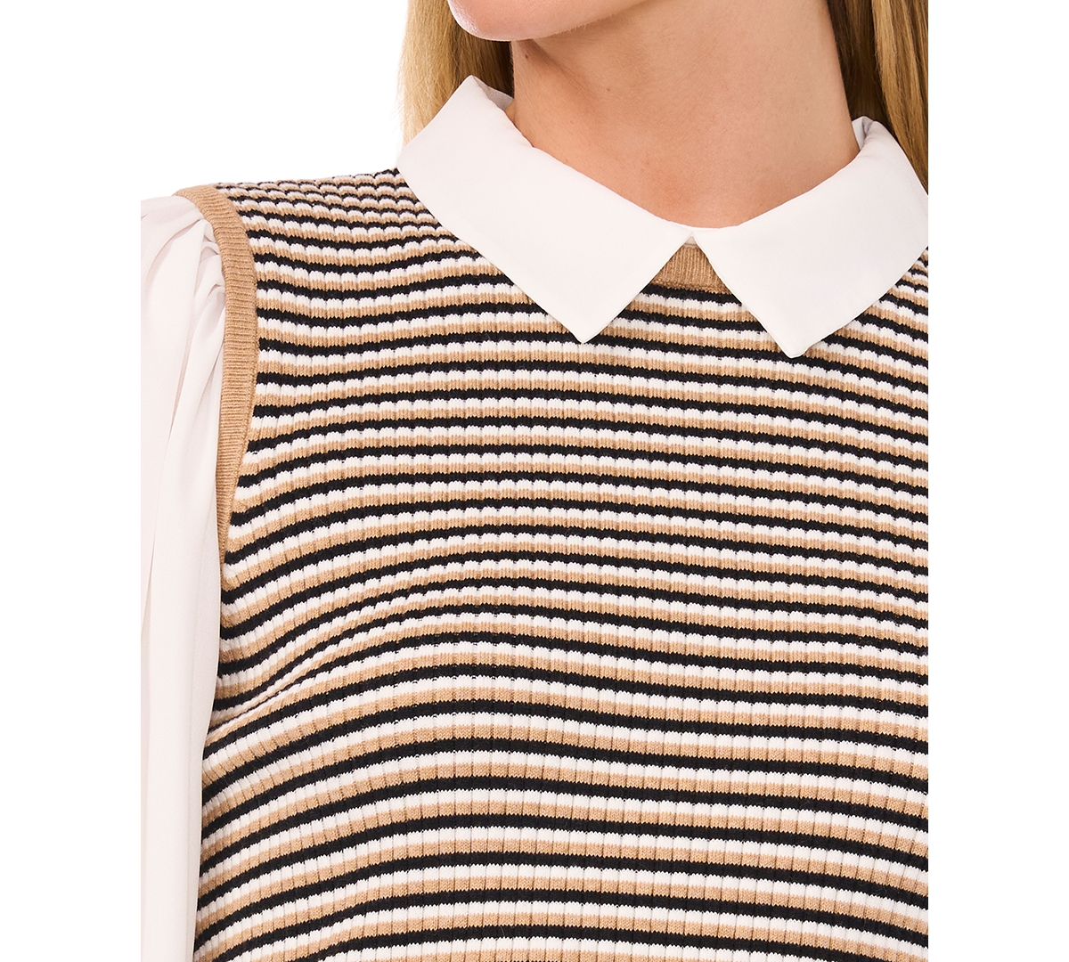 Cece Thin Stripe Mixed Media Sweater Top In Latte Heather