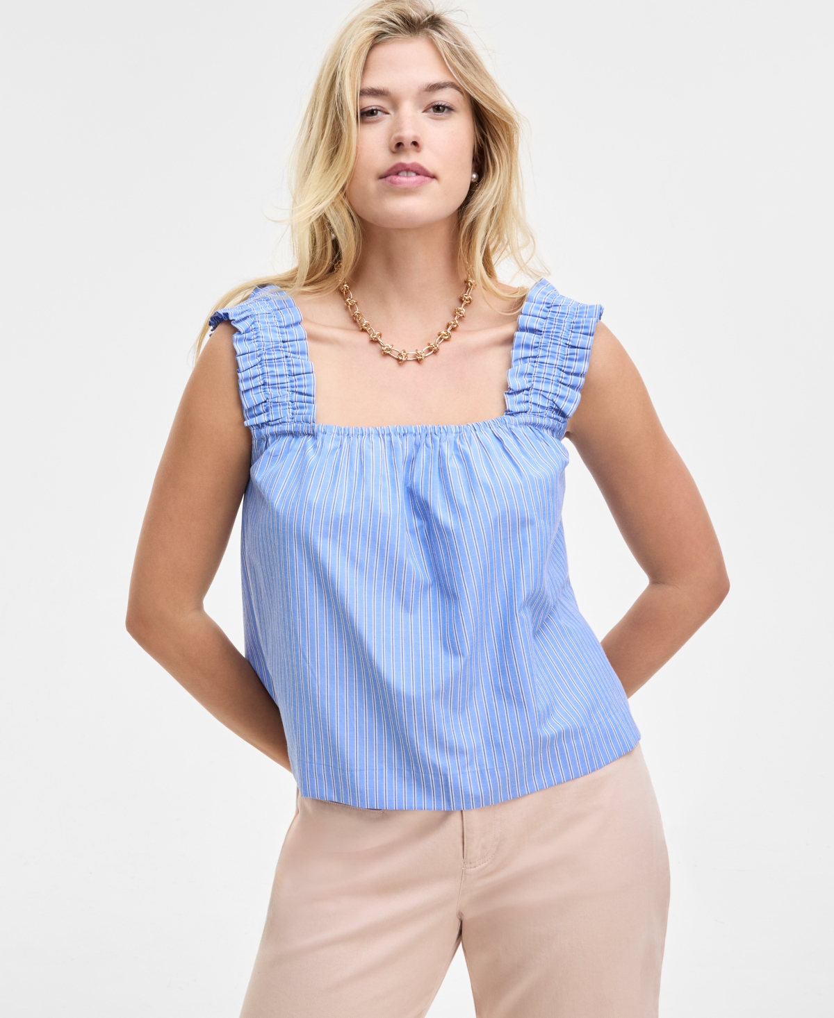 Women's Ruched-Strap Striped Tank, Exclusively at Macy's - Blue Combo