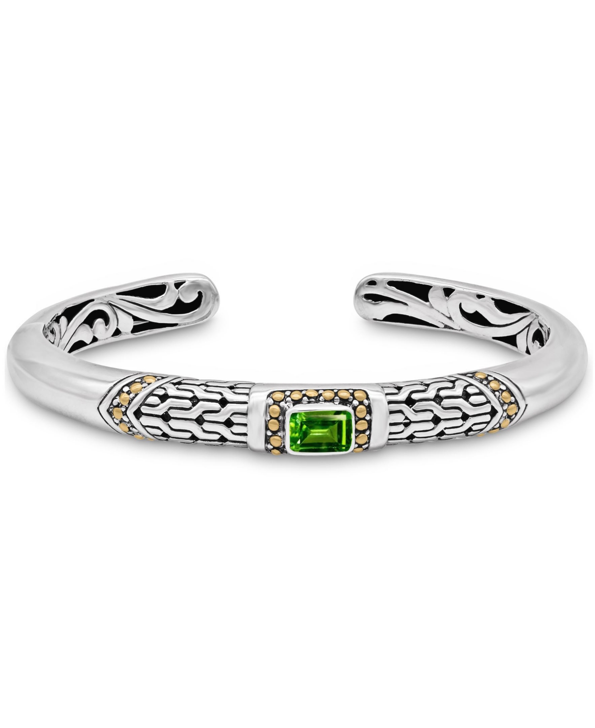 Peridot & Bali Cuff Bracelet in Sterling Silver and 18K Gold Accents, Small - Silver, gold, green