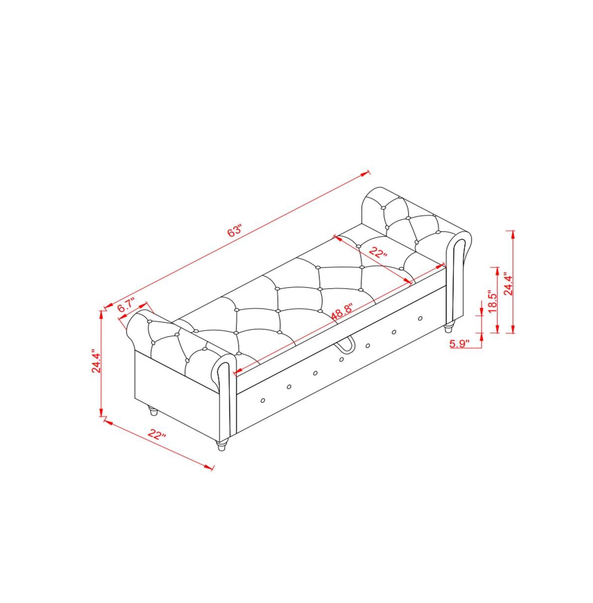 63 Inch Upholstered Storage Bench with Rolled Arms, Tufted Ottoman Large Hidden Compartment-The Pop Home