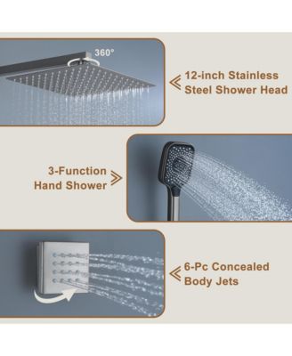 12" Rain Shower System with Body Jets, Wall-Mounted, Handheld, 3-Function Faucet Shower System
