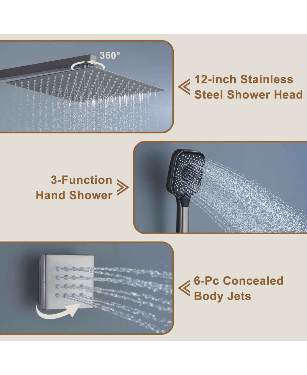 12-inch Rain Shower System with Body Jets Wall-Mounted Handheld 3-Function Faucet Set, Brushed Nickel