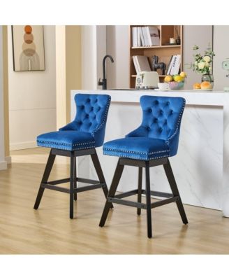 2-Piece Counter Stool Set, Velvet Upholstery with Tufted Back, Nailhead Trim and Wooden Legs, Swivel Bar Stools