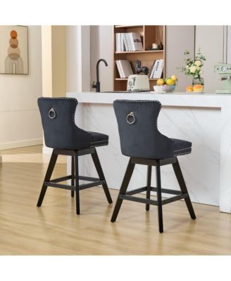 2-Piece Counter Stool Set, Velvet Upholstery with Tufted Back, Nailhead Trim and Wooden Legs, Swivel Bar Stools