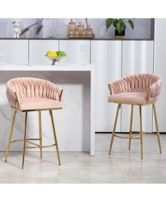 Set of 2 Counter Stools – 26" Velvet Upholstered with Hand-Wave Back, Metal Legs & Footrest