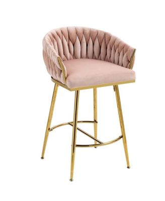 Set of 2 Counter Stools – 26" Velvet Upholstered with Hand-Wave Back, Metal Legs & Footrest