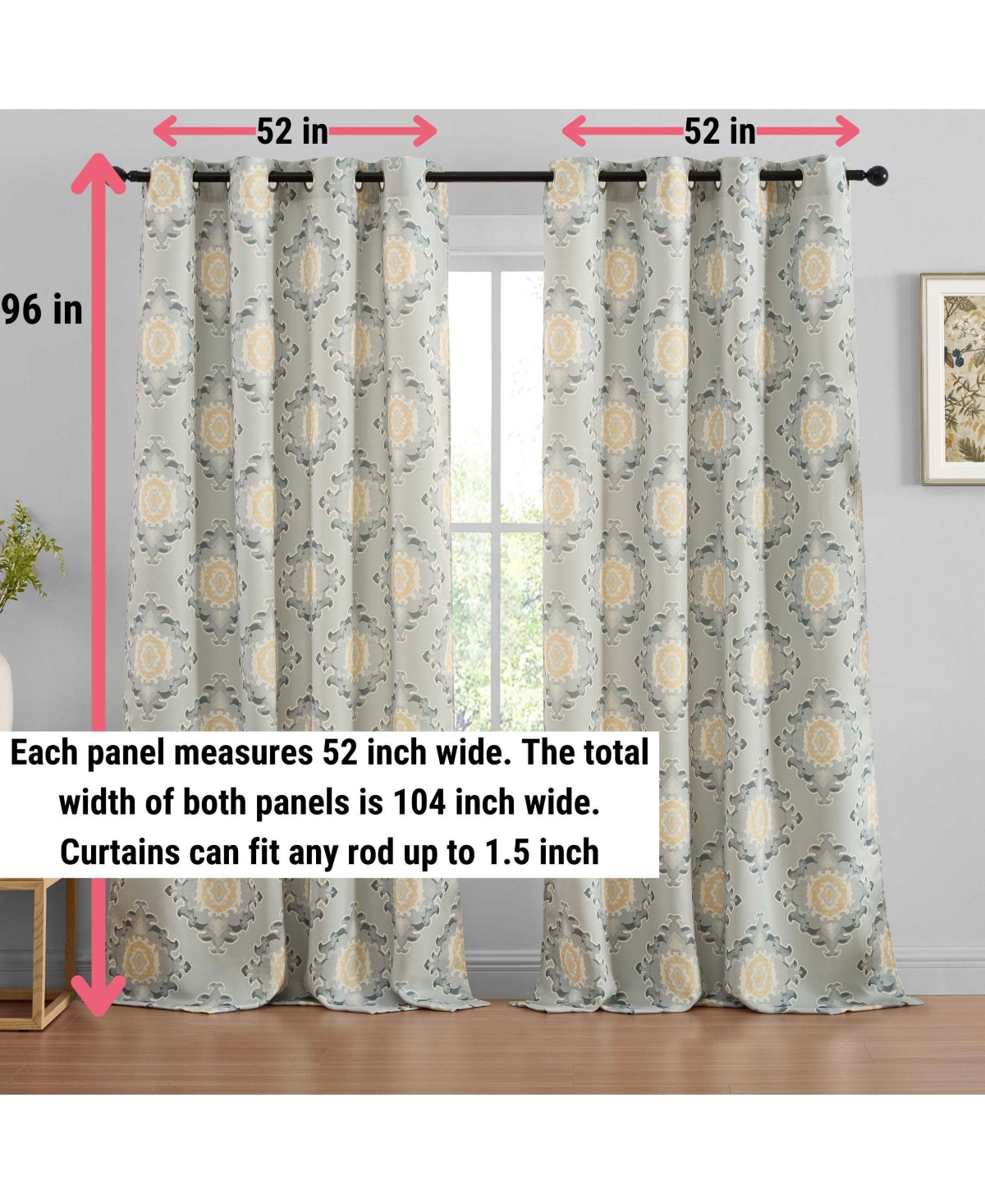 Hlc.me Liam Ogee Ikatt Damask Patterned Window Grommet Curtains Bedroom - Light Blocking Darkening Window Panels, Set of 2 (Grey