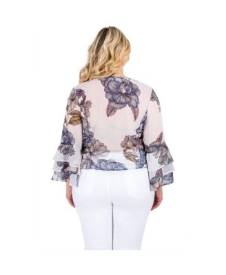 Plus Size Women's Floral Print Chiffon Flare Sleeve Blouse