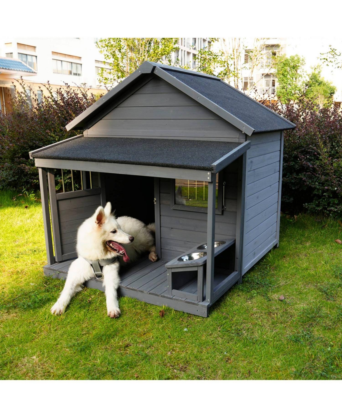 Solid wood asphalt roof dog house with large terrace for large dogs - Grey solid wood